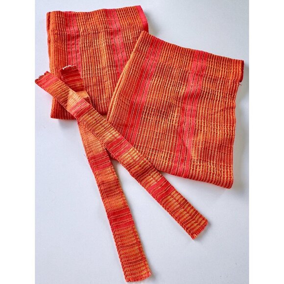 Vintage 70s curtains, red, orange, yellow sheer woven panels, tiebacks, pair - Picture 9 of 9
